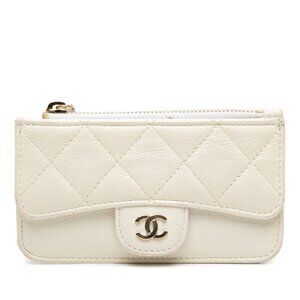 Chanel Quilted CC Logo Coin Case Card Fragment White Caviar Leather